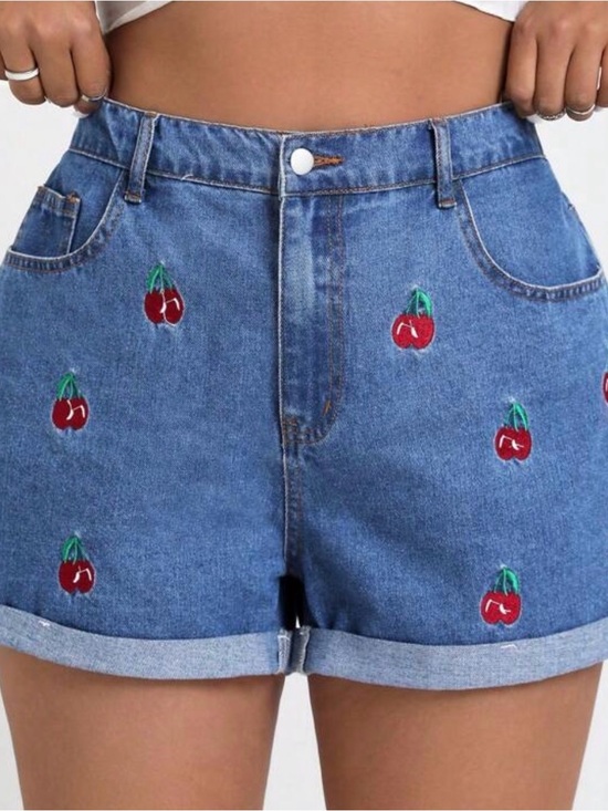 Pants - Denim Cherry Embroidered High-Rise Shorts